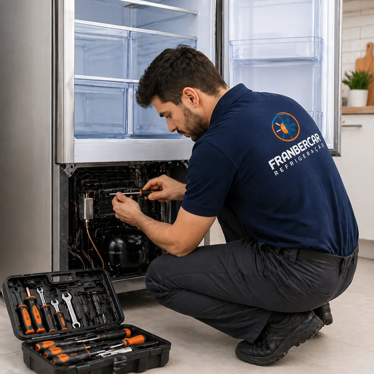 Técnico FABRECAR consertando geladeira em Teresina